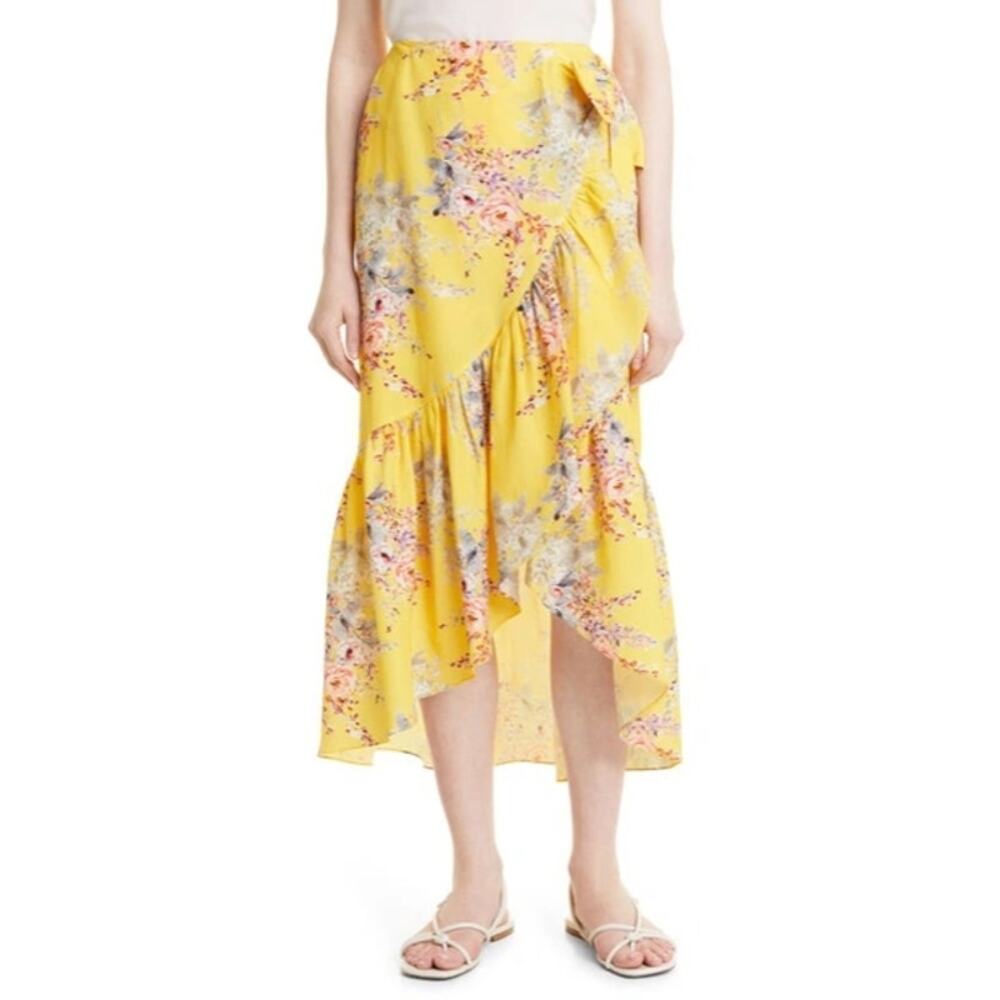 Kobi Halperin Yellow Floral Alix Ruffled Tie Waist Midi Wrap Skirt NEW Womens XL
